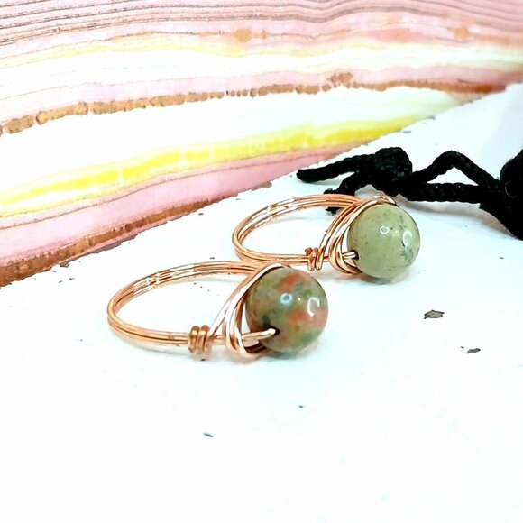 Unakite Jasper Gemstone Beaded Wire Ring, Crystal Dainty Chic Cute Copper - Picture 2 of 3